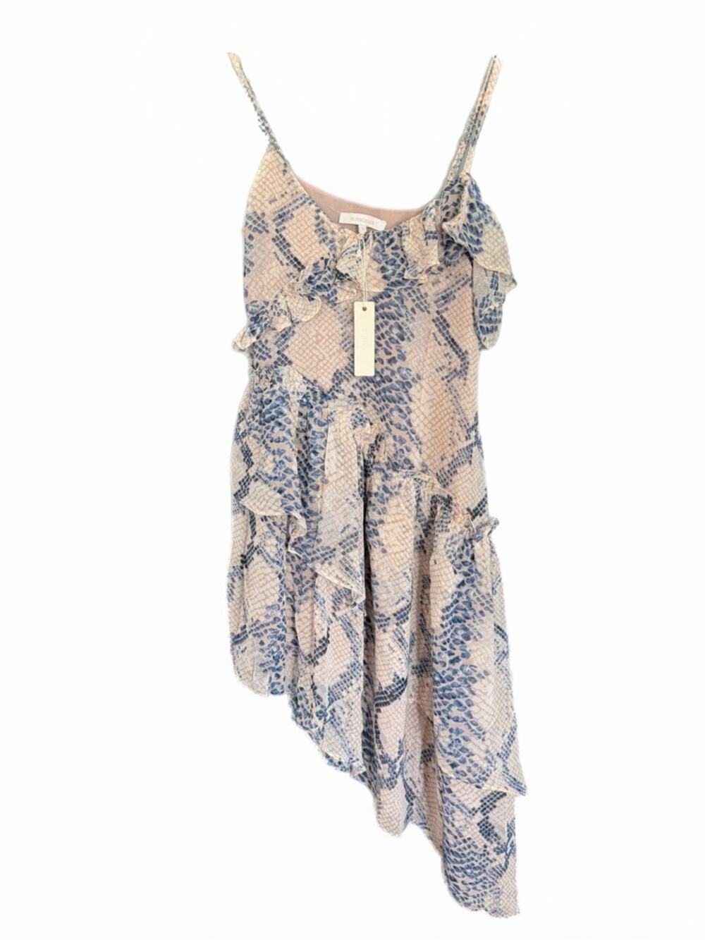 Olivaceous Blue Snake Print Asymmetrical Ruffle Mini Dress Medium NWT